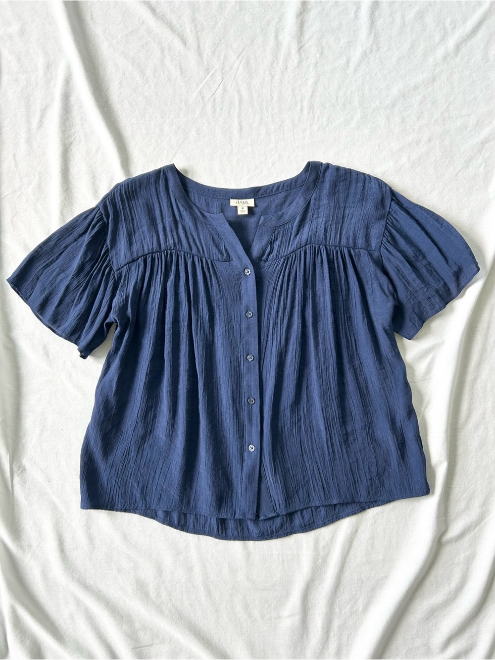 A.N.A. A New Approach Navy S/S Crinkled Button Down Peasant Blouse